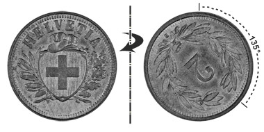 2 centimes 1908, 135° tourné